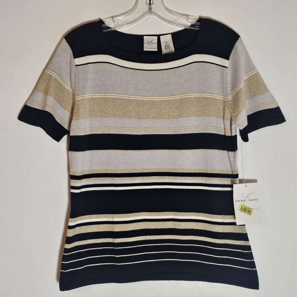 Emma James Sweater Womens Medium Black Gold Metallic Stripe Short Sleeve Knit - Picture 1 of 13